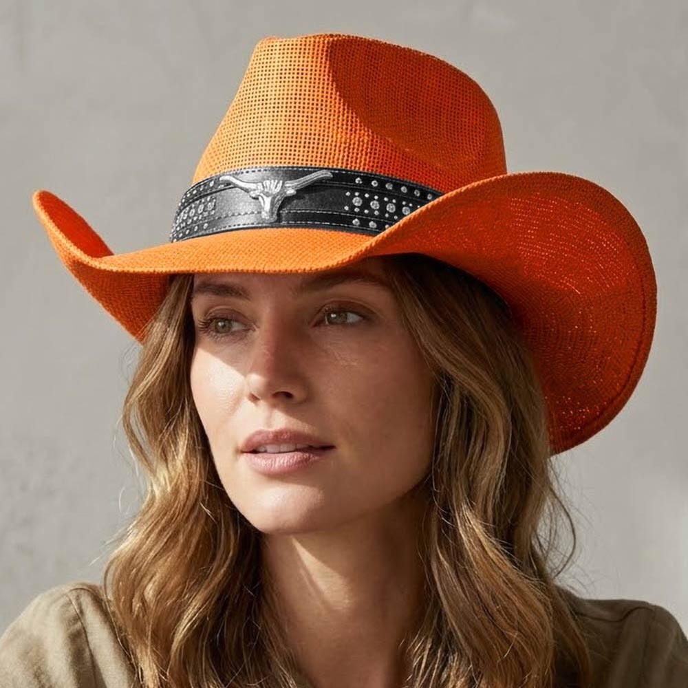 Orange Steer Head Accent Studded Faux Leather Band Western Straw Cowboy Hat